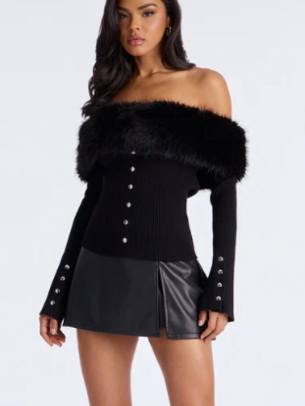 Fashion Nova NWT Black Off-the-Shoulder Faux Fur Trim Sweater